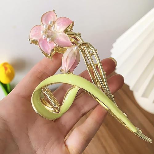 Pinza para cabello metálica floral con diseño de lirio rosa miniatura 3