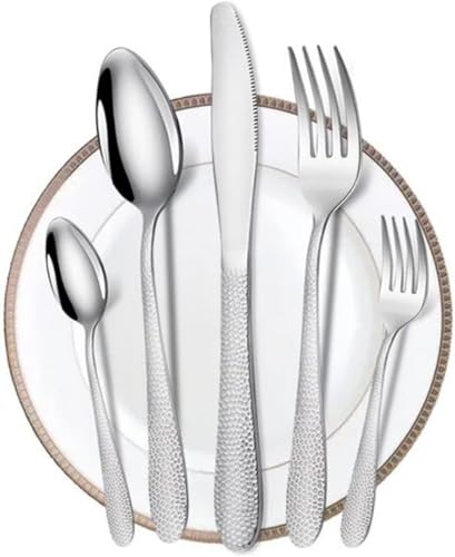 Image of Hammered Sterling Silver Silverware Set | 20-Piece Premium Stainless Steel Flatware Set | Dishwasher Safe Cutlery Set for Home, Restaurant & Gifting
