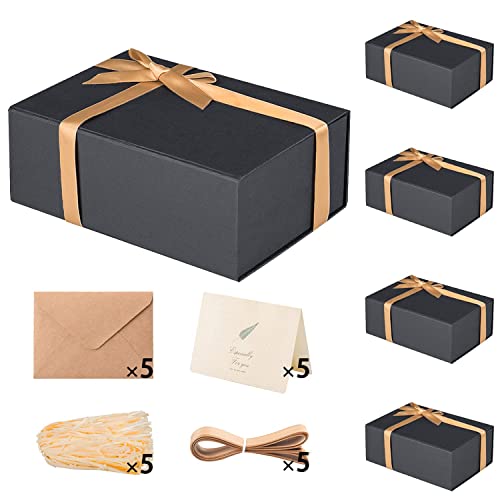 Image of LIFELUM Extra Large Black Gifts Boxes Bulk Set of 5,13.5 x 10 x 4 inch Elegant Gift Boxes with Magnetic Lids, Card,Sticker,Ribbon, Shredded Paper Filler Groomsman Gifts