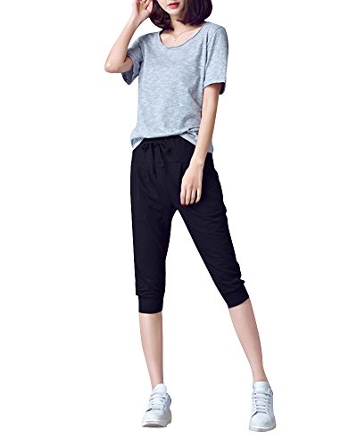 Mujer Tallas Grandes Elástica Rodilla De Longitud Anchos Casuales Jogging Pantalones Negro 4XL Cover