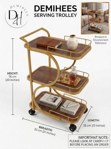 Image of Serving Trolley with Wheels for Home, Tea Food Drinks Serving Kitchen Trolley Restaurant, Hotels,Dining Room bar cart with Wheels (Gold-Brown)