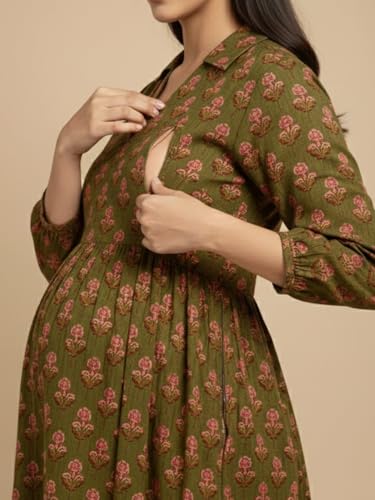 Image of The Mom Store Maternity and Nursing Dress | Pre and Post Pregnancy Dress for Womens | Zipper /Button Opening | Causal Wear | Trendy Stylish Causal Dresses for New Moms