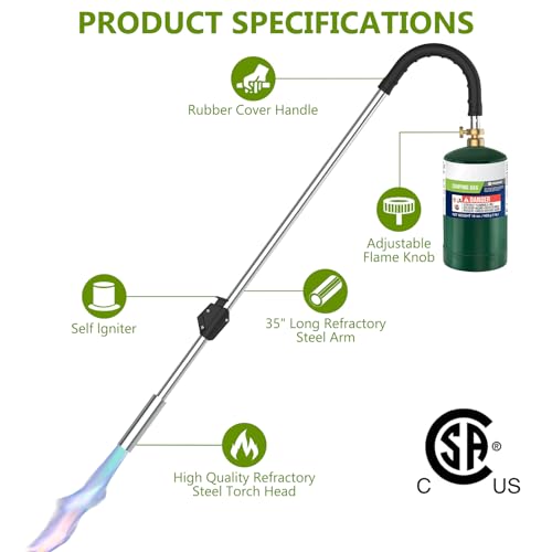 Weed Torch Propane Burner,Blow Torch,35\" Long Arm Flame Thrower,Weed Burner with Self Igniting and Rubber Handle for Outside Weeding,Roofing,Charcoal Starter(Fuel Cylinder Not Included)