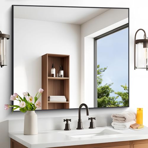 Image of DESBING Black Bathroom Mirror for Wall, 36x40 Inch Rectangle Mirrors with Metal Frame, Modern Vanity Wall Mirror Decor for Entryway Hangs, Bathroom Living Room Horizontal or Vertical