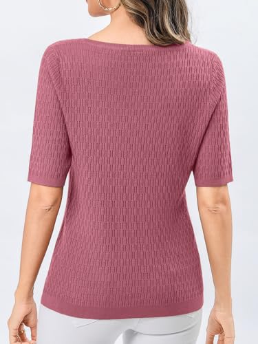 Totatuit Women Elobow Sleeve Sweaters Scoop Neck Business Tops Dark Pink L - image 4
