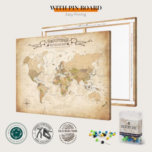 Image of DECORARTS - World Travel Map with Pins, Pin Board Canvas Wall Art, Antique Vintage Old World Maps for Wall, Giclee Print on Canvas, Handcrafted in USA, 30x24''