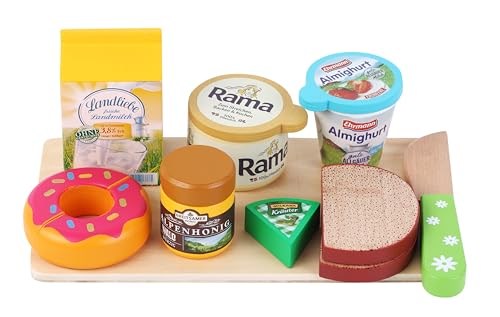 tanner DER KLEINE KAUFMANN TANNER Deco - Frühstücks-Set aus Holz, mit verschiedenen Produkten, Zubehör für Kaufmannsladen, lebensmittelechtes Design, 0902.6