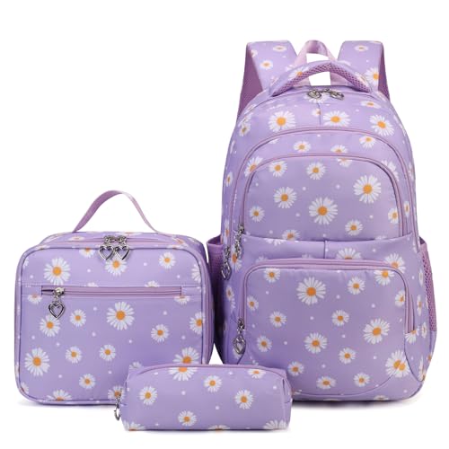 SIVENKE Juego de mochila escolar con estampado de margaritas, bolsa de almuerzo, estuche para lápices, 3 piezas, para adolescentes, niñas, niños, primaria, secundaria, resistente al agua, ligera