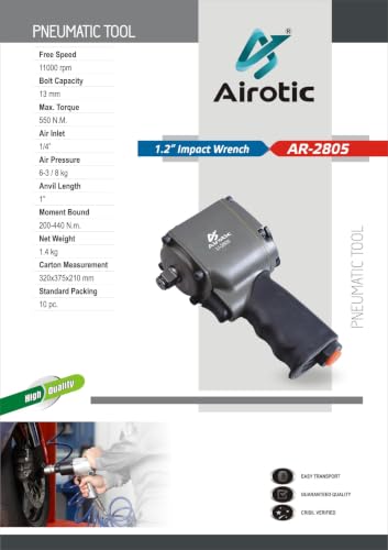 Image of AR-2805 1 /2 Inch Pneumatic Impact Wrench | Air Impact Gun | 550 Nm Max Torque | 11000 RPM | Heavy Duty Air Wrench for Car, Bike, Garage & Industrial Use