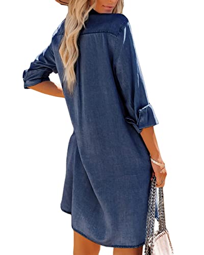 Paintcolors Women's Long Sleeve Silk Denim Button Up Dresses Shirt Tunics Cover-ups Oversized Blouse Tops with Pockets2