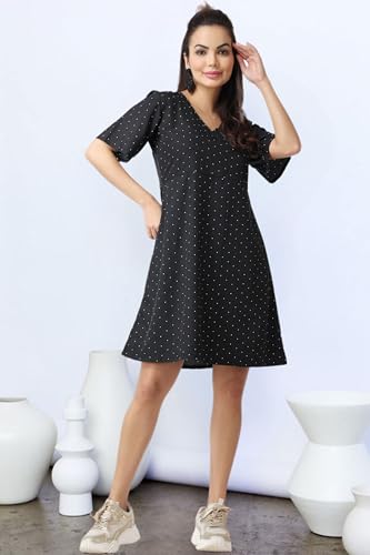 Image of POPWI1NGS Casual Printed V-Neck Short Sleeves Knee-Length Fit and Flare Dress for Women || Frokc-Style Summer Wear Dresses for Women || Loose-Fit Comfortable Women Dress for Regular Wear