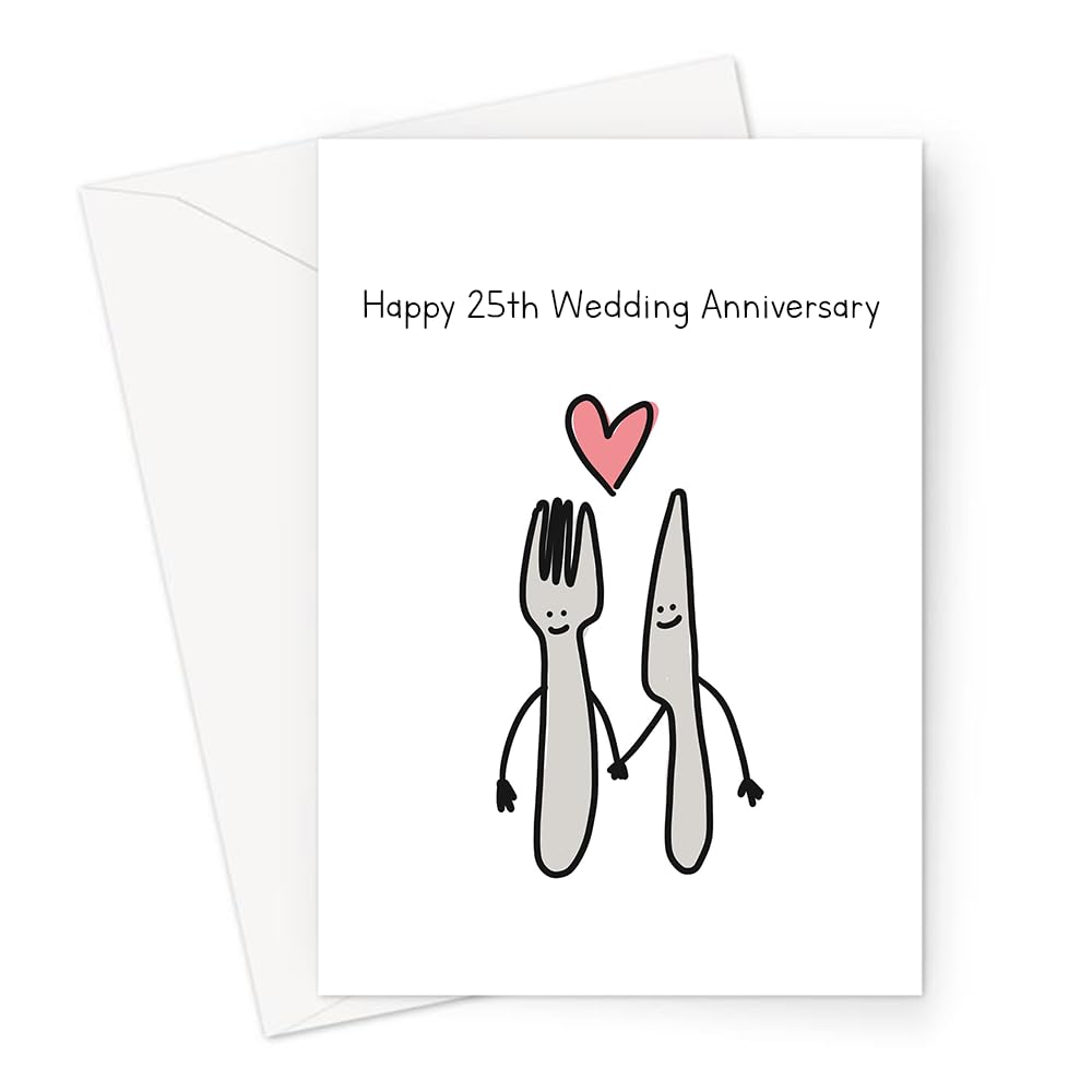 LEMON LOCO Happy 25th Wedding Anniversary Greeting Card | Silver Wedding Anniversary Card, Silver Knife And Fork With Heart, Happy Anniversary Card To