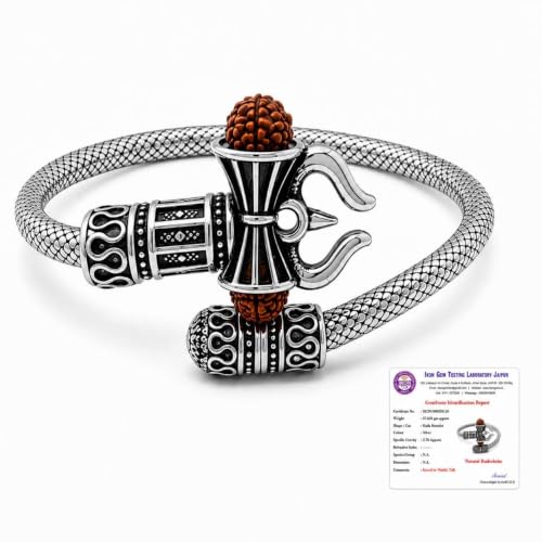 Image of Rudraksha Trishul Damru Kada for Men & Women | Adjustable Stainless Steel Open Cuff Bracelet with Rudraksha Bead | Lord Shiva Inspired Spiritual Wrist Kada | Silver Finish