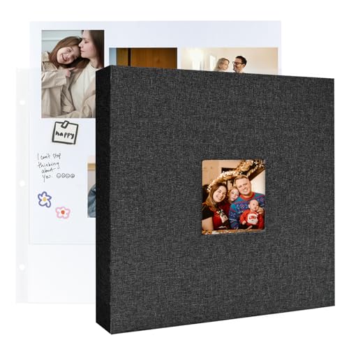 3 Ring Binder 12x12 Inch Large Scrapbook Photo Album, Linen Cover Scrap Book with 30 Plastic Sleeves 60 Pages 12 x 12 Scrapbooks White Pages for Wedding Couples Baby Travel Women Kids (Black)