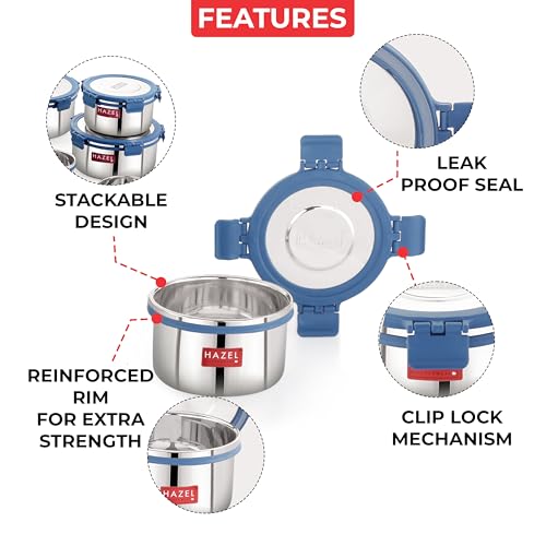 Image of HAZEL Stainless Steel Storage Containers for Kitchen, Air Tight, 525 Ml, Tiffin Box, Set of 6