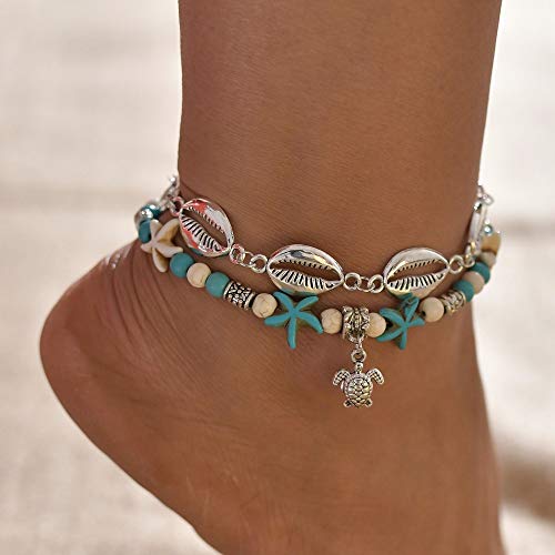 Preisvergleich Produktbild Fashband Shell Fußkettchen Boho Türkis Perlen Meeresschildkröte Anhänger Sommer Knöchel Armband Modeschmuck Strand Fußkettchen Kette Verstellbar Für Frauen Mädchen Freunde