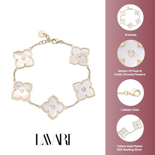 Lavari Jewelers Flower Bracelet for Women - Black Onyx or Mother of Pearl & Cubic Zirconia in 925 Sterling Silver - Hypoallergenic Gold Plated - Adjustable Clover Bracelet for Her - Lobster Claw Clasp3