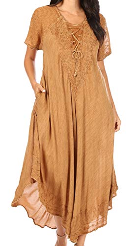 Image of Sakkas Egan Long Embroidered Caftan Dress /Cover Up with Embroidered Cap Sleeves