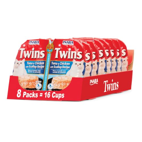 Image of INABA Twins for Cats, Shredded Chicken & Broth Gelee Side Dish /Topper Cups with Green Tea Extract, 1.23 Ounces per Serving, 16 Servings, Tuna & Chicken with Scallop Recipe