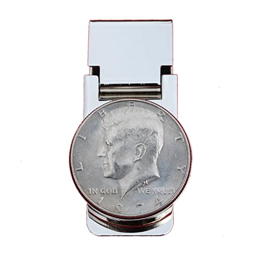 US 1974 Kennedy Half Dollar Coin Hinged Money Clip NEW - Silver Plated Coin Bezel