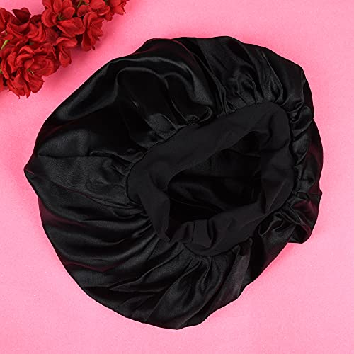 Image of Satin Silk Premium Sleeping caps, Comfortable & Soft Double Layered Streachable Hair Bonnets for All Head Sizes & Hair Type, Night Care Routine - Pack of 1 Pcs - Black