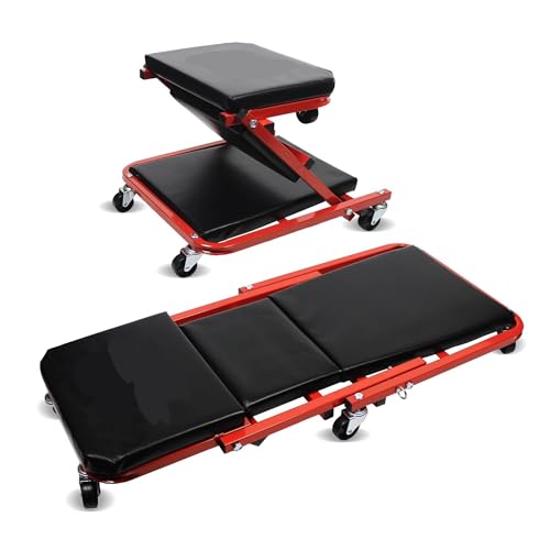 Dapetz 2-in-1 Folding Car Creeper and Seat 36Inch Padded Mechanics Creeper Stool with 6 Rotatable Wheels Rolling Garage Work Crawler Board Bench Maximum Load 150 KG (Red 36 Inch)