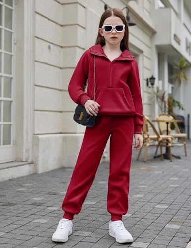 Image of Arshiner Girls 2 Piece Outfits Sweatsuit Half Zip Sweatshirt and Sweatpants | Fall Winter, Drop Shoulder Long Sleeve, Thumbhole Hoodies, with Sweatpant, Jogger Set, Sweat Set, Tracksuits with Pockets