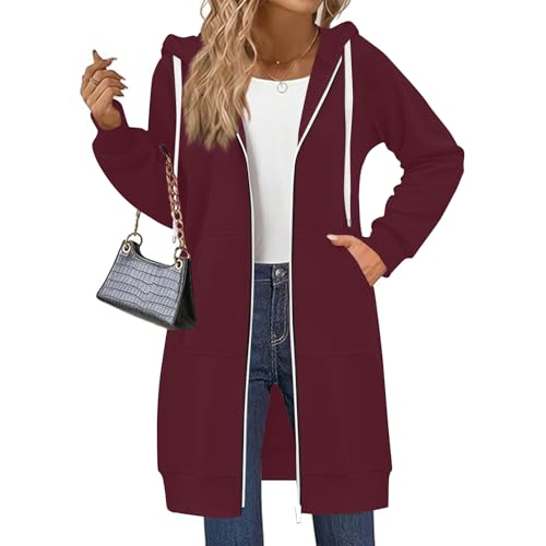 Long Zip Up Hoodie Women Oversized Fleece Tunic Sweatshirts Casual Long Sleeve Fall Full Zip Jacket Coat with Pocket