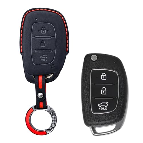 Image of KMH Alcantara Car Key Cover Compatible Hyundai Grand i10 NIOS Asta | Venue | i20 | Aura | Creta | Elantra 3 Button Shell Case Holder Full Key Smart Keycover with Keychain (D1) Black - Pack of 2
