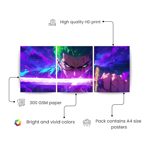 Image of ADRAIL STORE One Piece Anime Manga Poster, Zoro Character Design Wall Poster 3 Panal - A4 Size, 300 GSM, Wall Decor Posters Wall Art For Bedroom, Living room, Office, Dining Room,No Frame (Zoro-2)