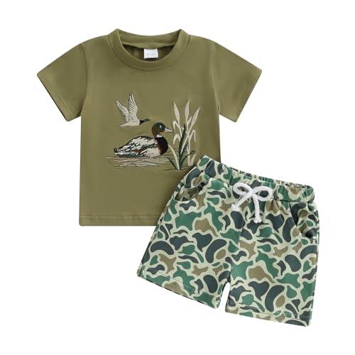 Image of Toddler Baby Boy Girl Mallard Duck Outfits Duck Short Sleeve T Shirts Tops and Shorts Hunting Baby Clothes Set