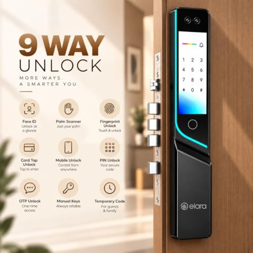 Image of Elara Wave X Pro Smart Door Lock with Dual Display Screens | Face Unlock & Palm Recognition | Advanced 9-in-1 Unlocking Methods | Fingerprint, PIN, RFID Card, Mobile App | 2-Year Warranty