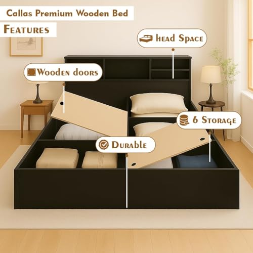 Image of Callas Trinity King Size Bed Engineered Wood with Box,Modern Design with Headboard with Box | Elegant Finish | Durable Structure | 1 Year Warranty with Free Installation