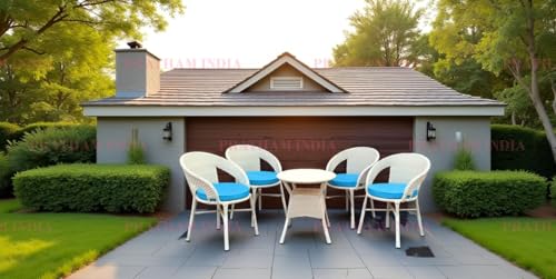 Image of India Outdoor Indoor 4+1 Piece All Weather Wicker Patio Chair and Table Set with Iron Frame for Balcony Garden Poolside Deck (Cream with Blue Cushion)