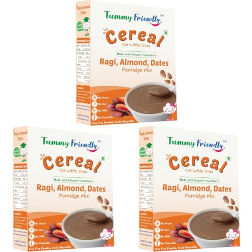 Image of TummyFriendly Foods Organic Sprouted Ragi Almond Dates Porridge Mix | Made of Sprouted Ragi Powder for baby cereal | Available in Trial Packs too | Toddler food | Shelf-life 9 month | 200g (Pack of 3)
