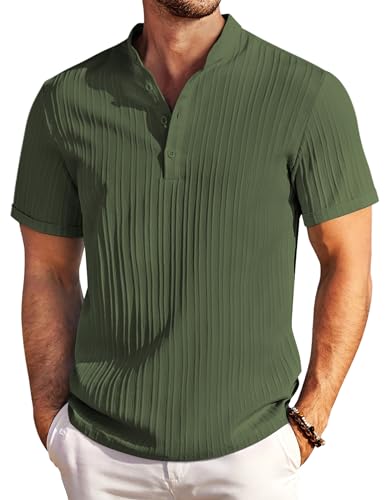 T-shirt Henley homme manches courtes COOFANDY décontracté col en bande vert militaire taille L