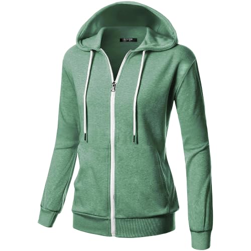 GIVON Womens Casual Zip Up Hoodie Cotton Blend Soft Fabric Basic Layering Hooded Jacket with Kangaroo Pocket / DCF200-JADEGREEN-L