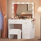 DWVO Makeup Vanity with Large Lighted Mirror, Vanity with Power Outlet, 3 Color Lighting Modes, Adjustable Brightness, 4 Drawers Vanity with Cushioned Stool for Women Girls, Pearl-White