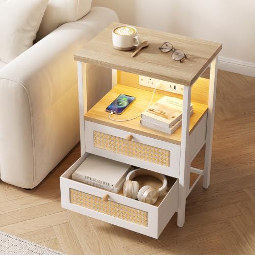Image of Fixwal Night Stand with Charging Station, Led Nightstand, 2 Fabric Drawers