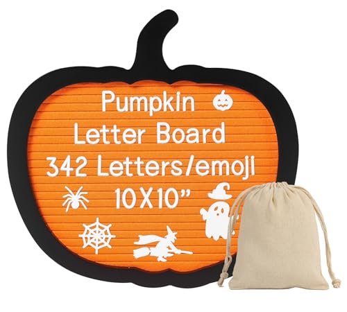 Image of G GAMIT Pumpkin Felt Letter Board with 342 Changeable Letters&Numbers, 10”x10” Spooky Letterboard Gothic Message Board Letter Sign Board with Stand and Canvas bag for Halloween Party Christmas