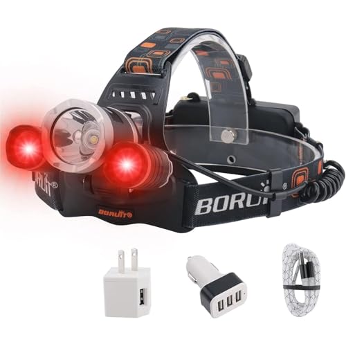 BORUIT RJ-3000 Headlamp with Red Light, 3 Modes Super Bright LED Head Lamps, USB C Rechargeabe, IPX4 Waterproof Headlight for Adults Hunting Fishing Camping