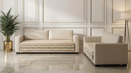 Image of Velvet Quilted Sofa Cover Mat Seat & Back, 3+2 Set, Total L115in H32in (3+2), Beige Color,Anti Skid Backing, 6in Hanging Strap Design, Washable Soft, Anti S, Style -Beige-S32