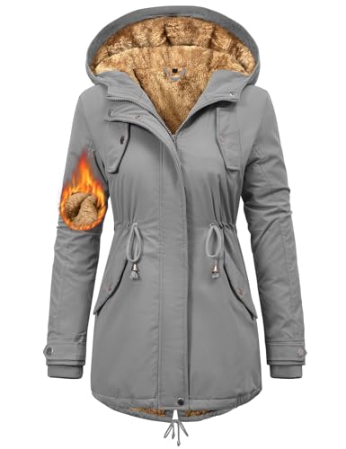 Nadeer Mantel Damen Winterjacke Lang Parka Gefüttert Wintermantel Wasserdicht mit Kapuze Warm Winterparka(Hellgrau,XL)