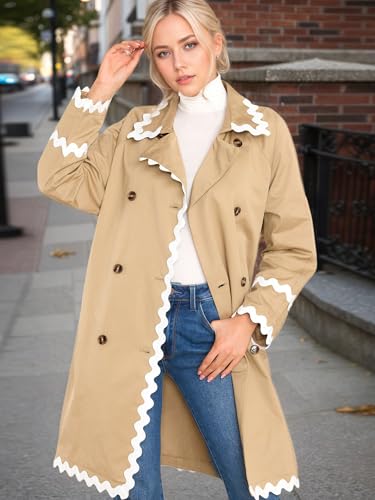 utcoco Womens Scalloped Trim Trench Coat Double Breasted Midi Jacket with Contrast Trim Notch Long Sleeve Belted Outwear2