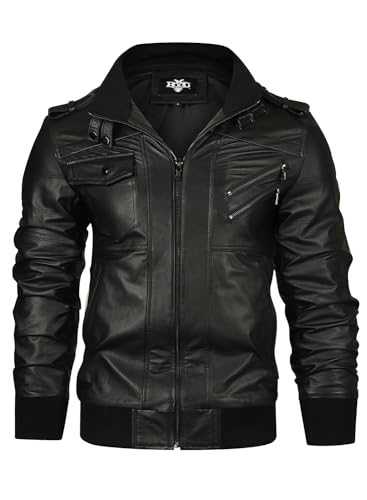 HOOD CREW Men’s Genuine Cowhide Leather Jacket Black Hooded Motorcycle Biker Jacket for Men4