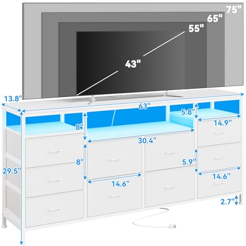63.3 Inch Dresser for Bedroom, 10 Drawer Dresser Tv Stand for 65 70 75 Inch Tv, Fabric Chest of Drawers with Led Lights & Power Outlets, Long Entertainment Center for Closet, Living Room (White PU)