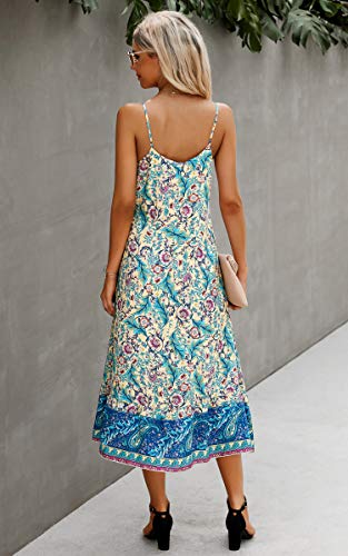 Image of Angashion Women's Dresses Floral Adjustable Spaghetti Strap V Neck Boho Long Maxi Dress Summer Beach Flowy Ethnic Sundress