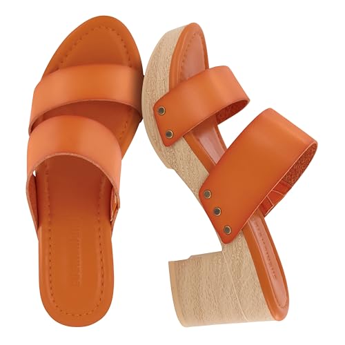 Image of CUSHIONAIRE Sky Platform Sandals for Women, Faux Wood Block Heel Slide with Comfort Foam Footbed and Vegan Leather Straps, Wide Width Available