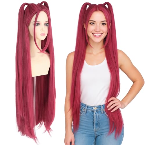 morvally 39 Inches Long Red Wig with 2 Ponytails for Women - Anime Cosplay Wigs for Womens Halloween Costume Party (Red Adults)