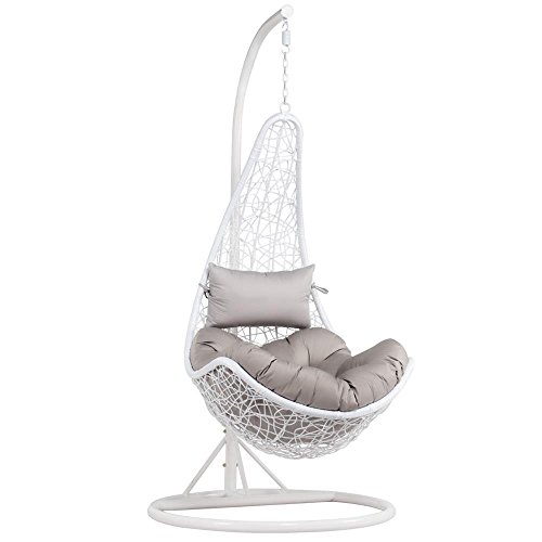 Yaheetech White Hanging Relax Moon Chair Garden Rattan Swing Chair Egg Chair With Stand/Cushion/Cover,120 Kg Capacity